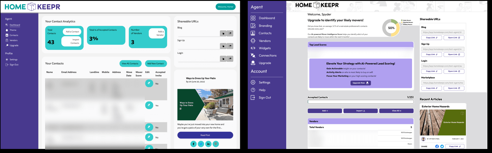HomeKeepr agent dashboard redesign, placing the original agent dashboard beside the redesigned one, which surfaces AI-powered lead scoring and the shareable sign-up links.