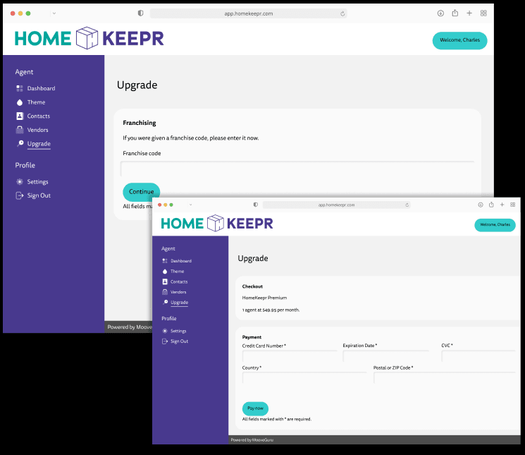 HomeKeepr's original upgrade checkout, showing the franchise-code step a subscriber had to clear before reaching the credit card payment form.