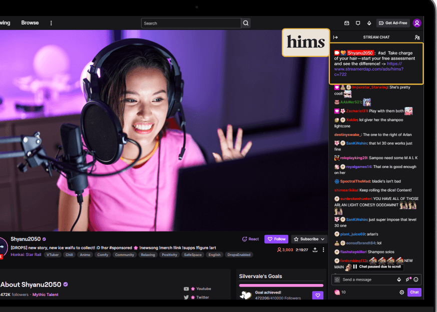 A sponsored placement running live inside a StreamerDap creator's stream, with the brand's offer posted into chat while the stream is on air.