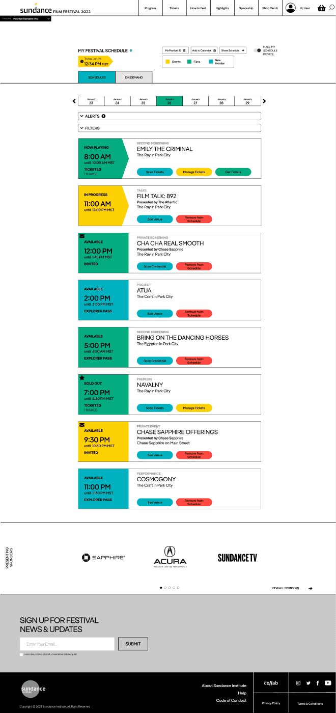 Sundance Film Festival schedule for a single festival day, listing each screening with its pass type, ticket state, and the actions available on it.